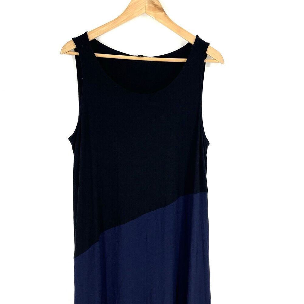 Eileen Fisher Dress Size Large Black Navy Colorblock Sleeveless Midi Jersey Knit - Picture 2 of 8